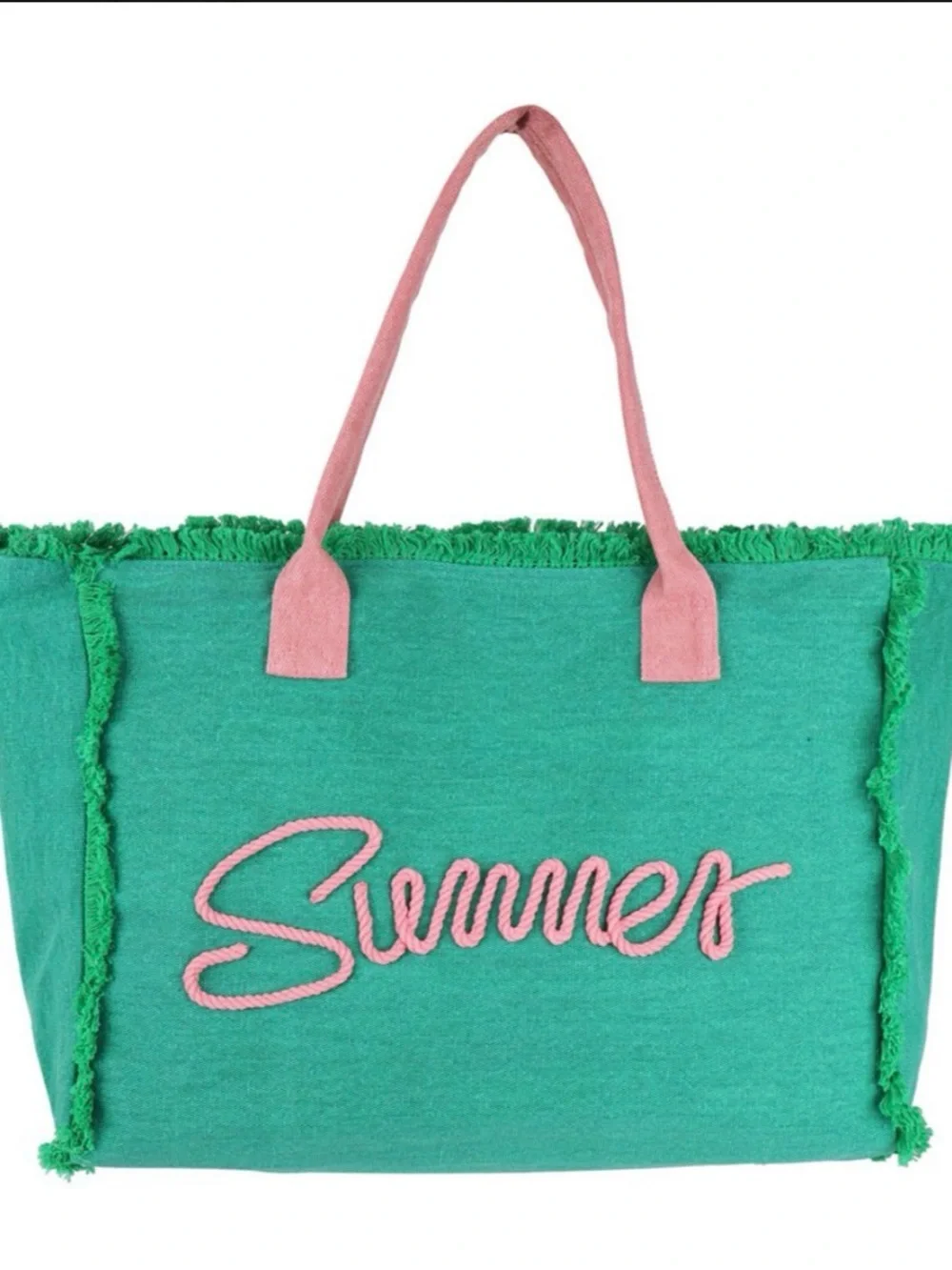 Green Canvas Tote Bag with Pink Rope Script